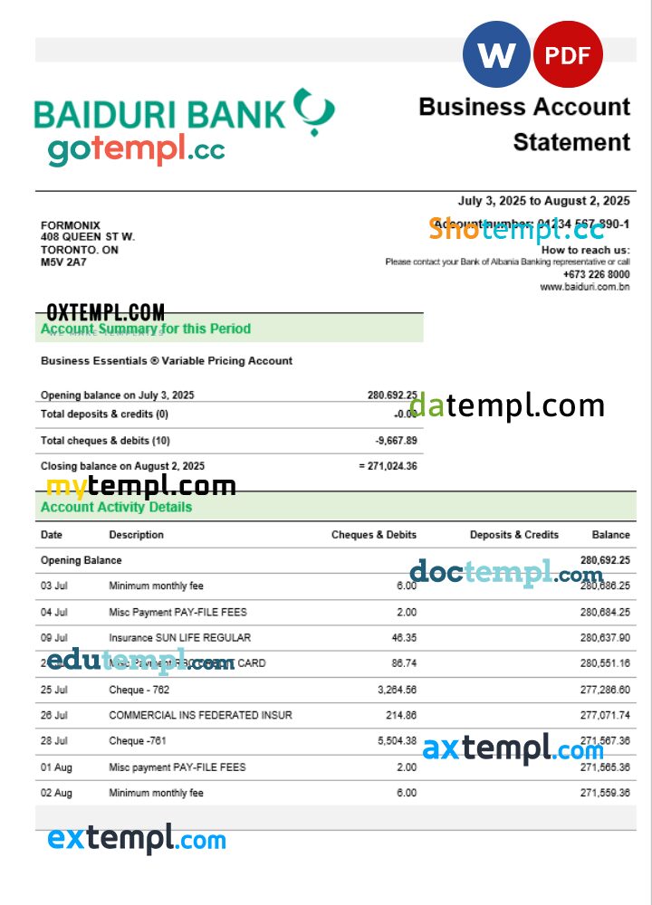 Baiduri Bank business account statement Word and PDF template