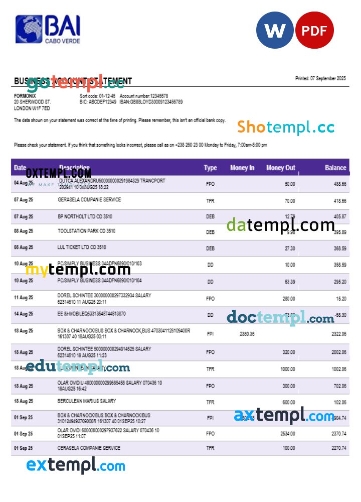 Banco Africano de Investimentos business bank statement Word and PDF format