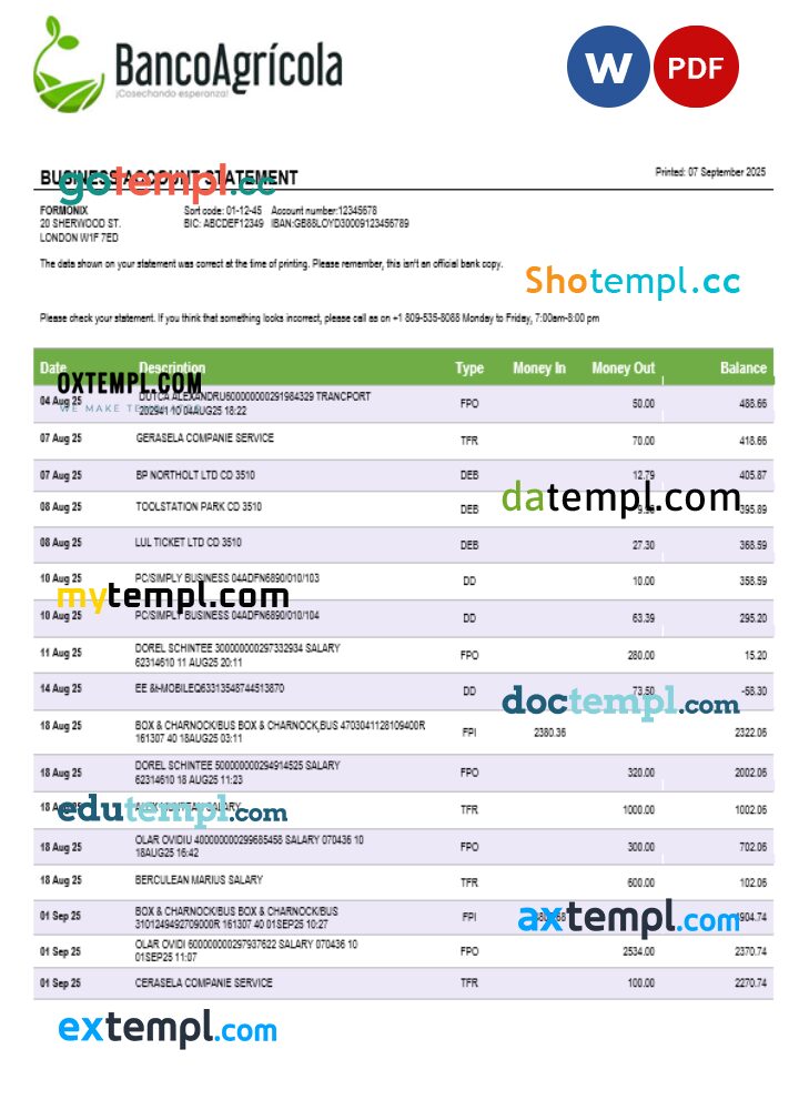 Banco Agricola business account statement Word and PDF template