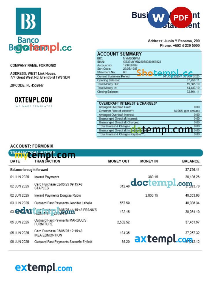 Banco Bolivariano company statement Word and PDF format
