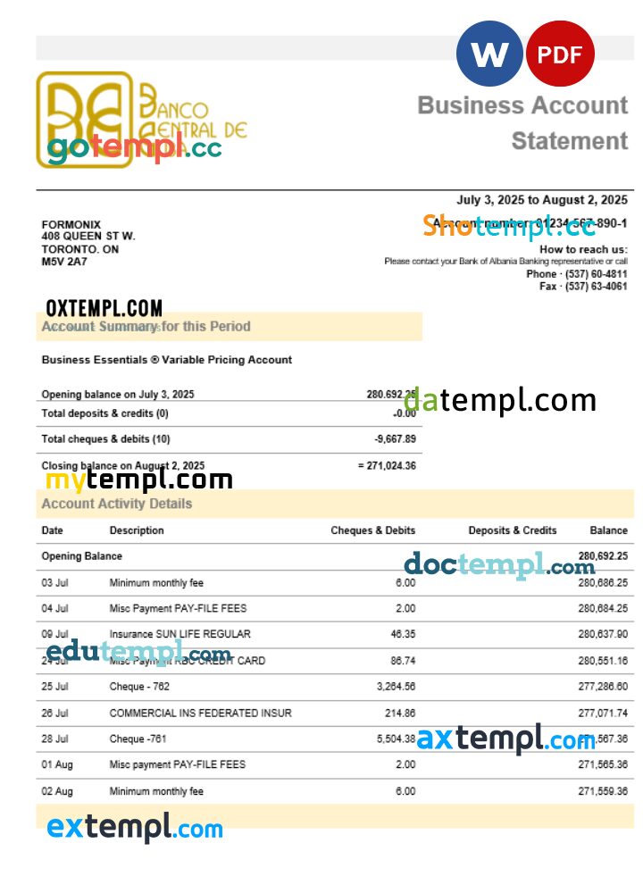 Banco Central de Cuban bank business firm account statement Word snd PDF format