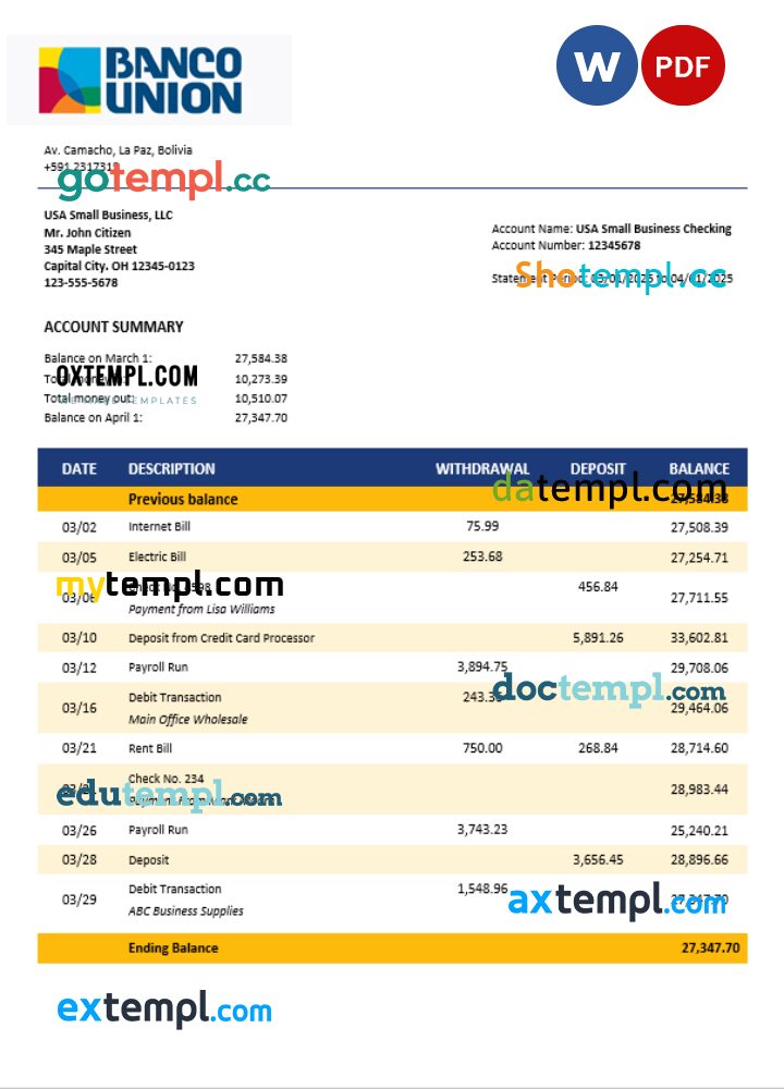 Banco Union Bank business firm statement Word and PDF format