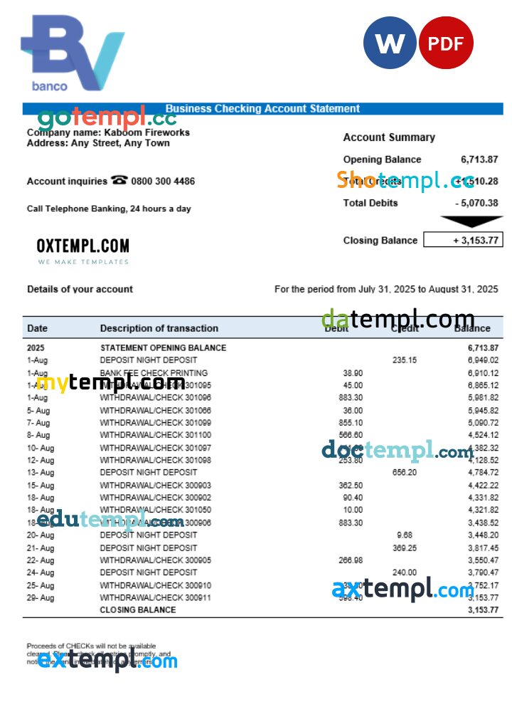 Banco Votorantim enterprise account statement Word and PDF template