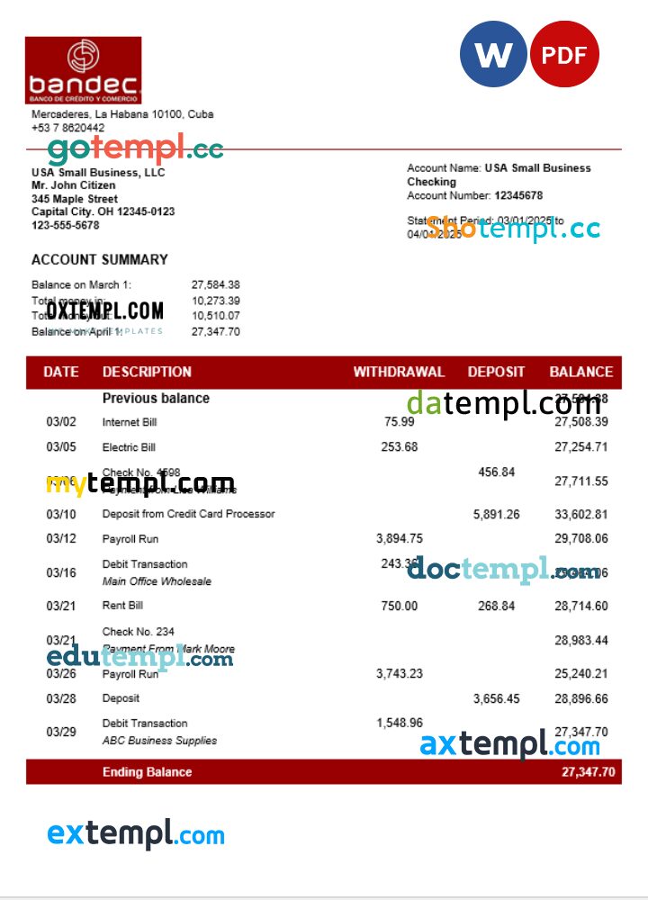 Bandec Banco de Credito y Comercio business firm account bank statement Word and PDF format
