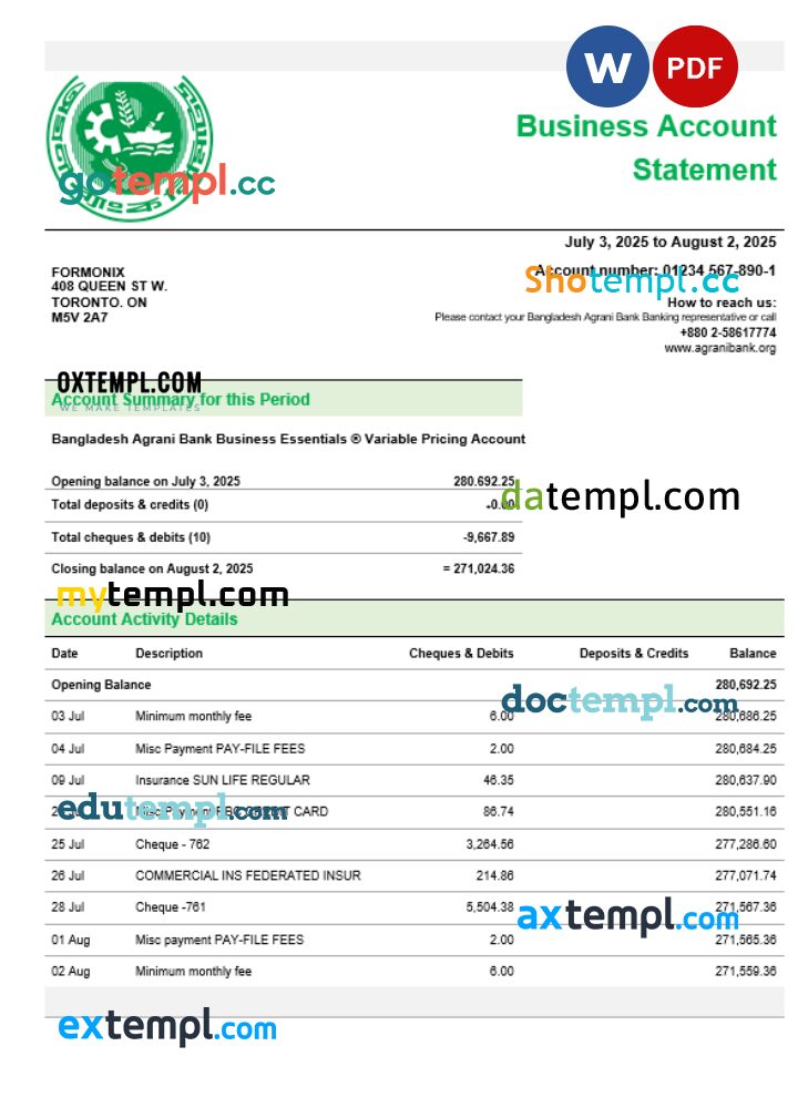Agrani Bank firm account statement Word and PDF template