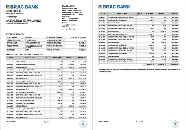 Bangladesh BRAC Bank account statement Word and PDF, 2 pages