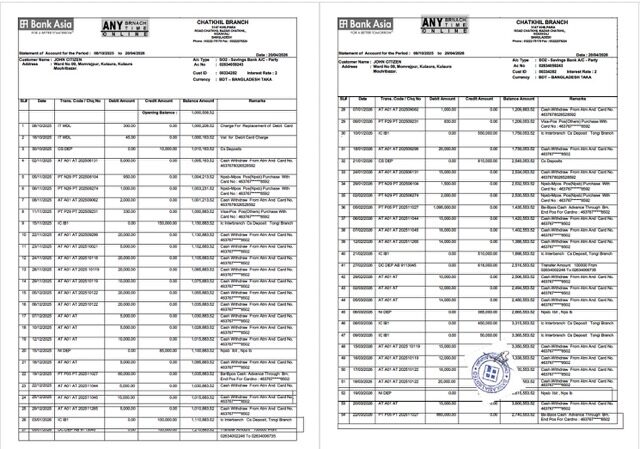 Bangladesh Bank Asia PLC statement of account Word and PDF template, 2 pages