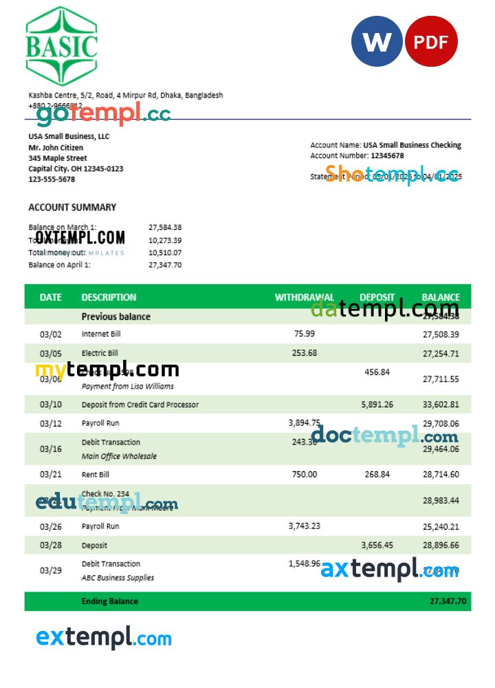 Basic Bank enterprise account statement Word and PDF template
