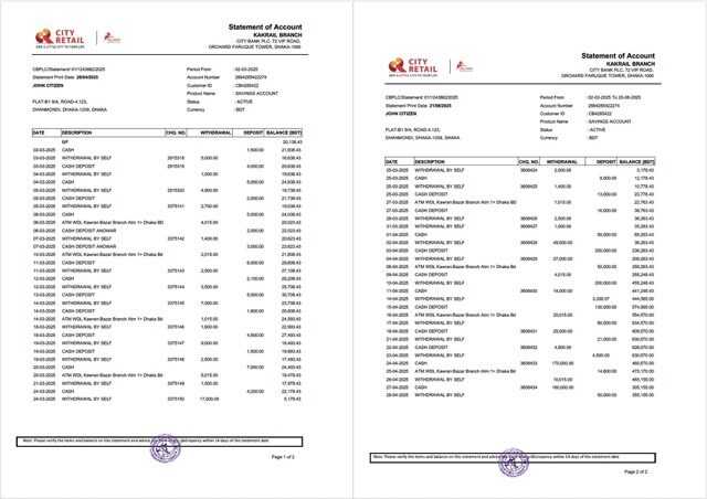 Bangladesh City Bank statement of account Word and PDF template, 2 pages