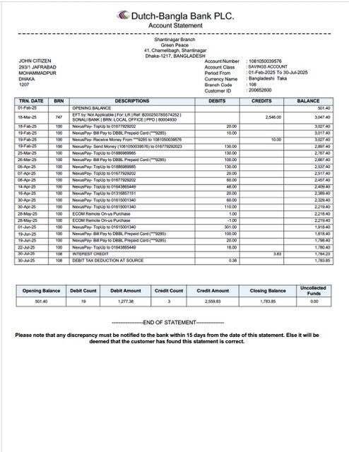 Bangladesh Dutch Bangla Bank Limited account statement Word and PDF template