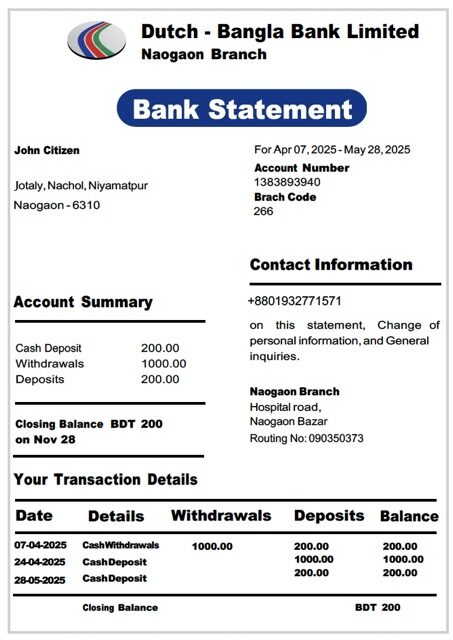 Bangladesh Dutch Bangla Bank Limited bank statement Word and PDF template