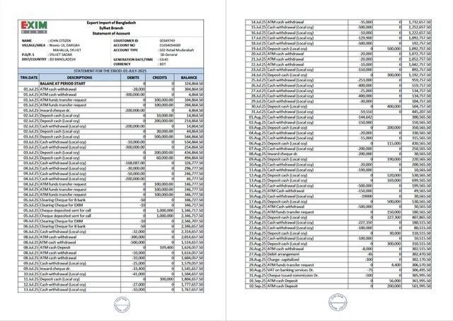 Bangladesh Exim Bank statement of account Word and PDF template, 2 pages