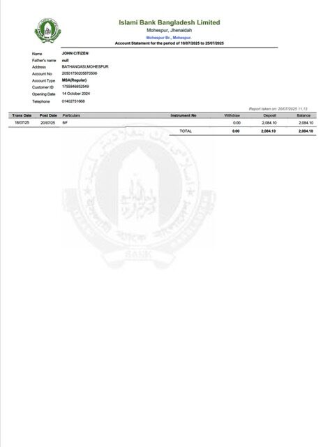 Bangladesh Islami Bank Limited account statement Word and PDF template