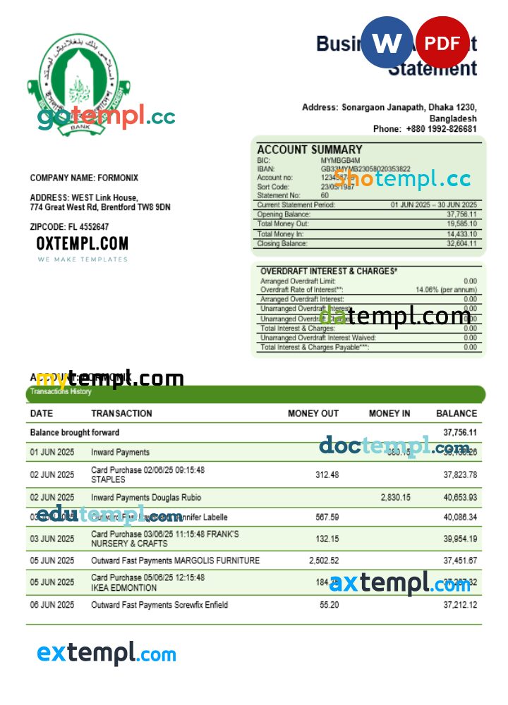 Islami bank business statement Word and PDF template