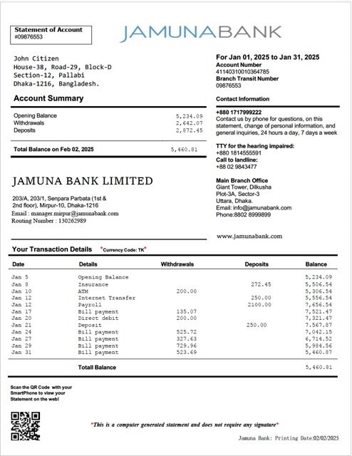 Bangladesh Jamuna Bank statement of account Word and PDF template