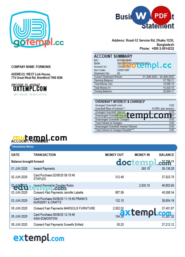 Janata business bank statement Word and PDF format