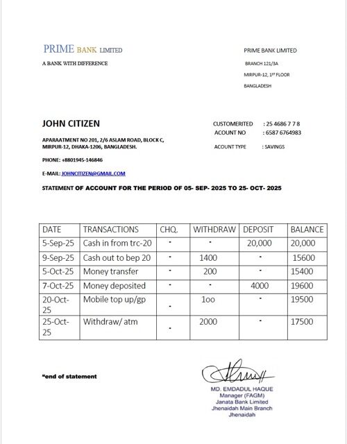 Bangladesh Prime Bank Limited statement of account Word and PDF template