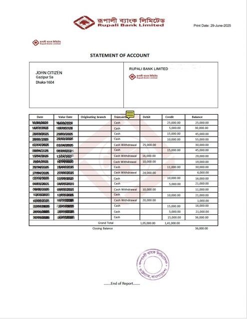 Bangladesh Rupali Bank statement of account Word and PDF template