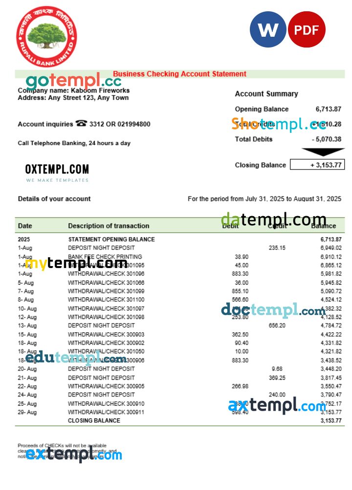 Rupali company checking account statement Word and PDF template