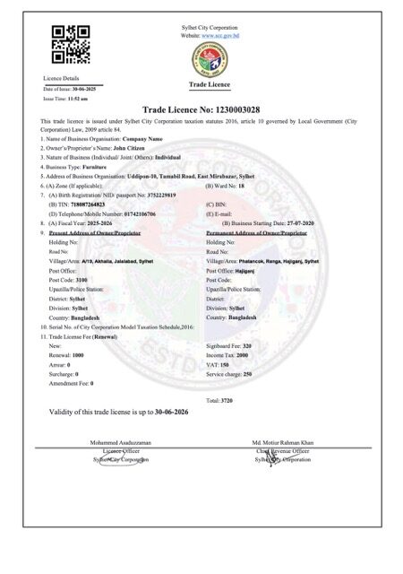 Bangladesh Sylhet trade license Word and PDF template