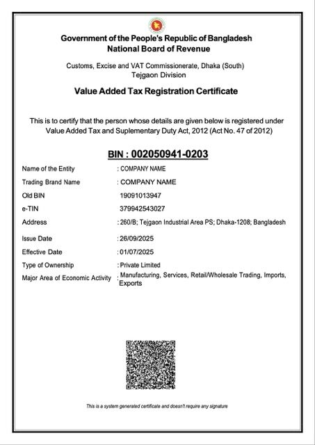 Bangladesh VAT registration certificate Word and PDF template, version 2