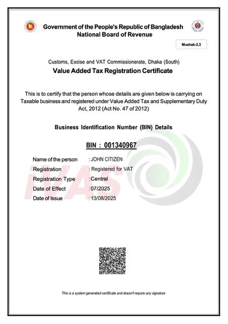 Bangladesh VAT registration certificate Word and PDF template
