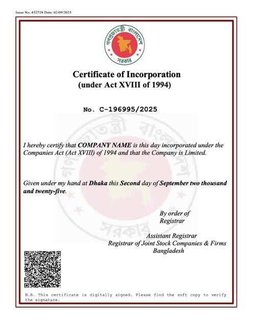 Bangladesh certificate of incorporation Word and PDF template