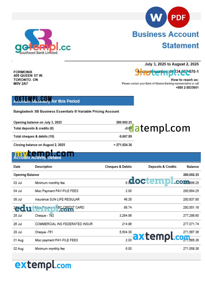 SB Bank business account statement Word and PDF template