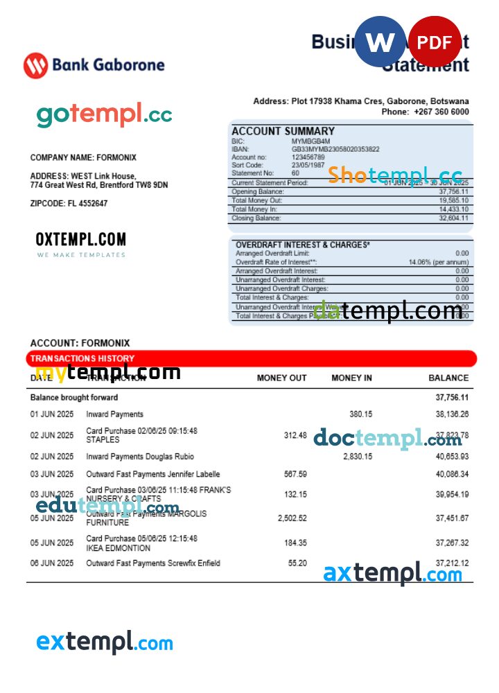 Bank Gaborone business firm statement Word and PDF format