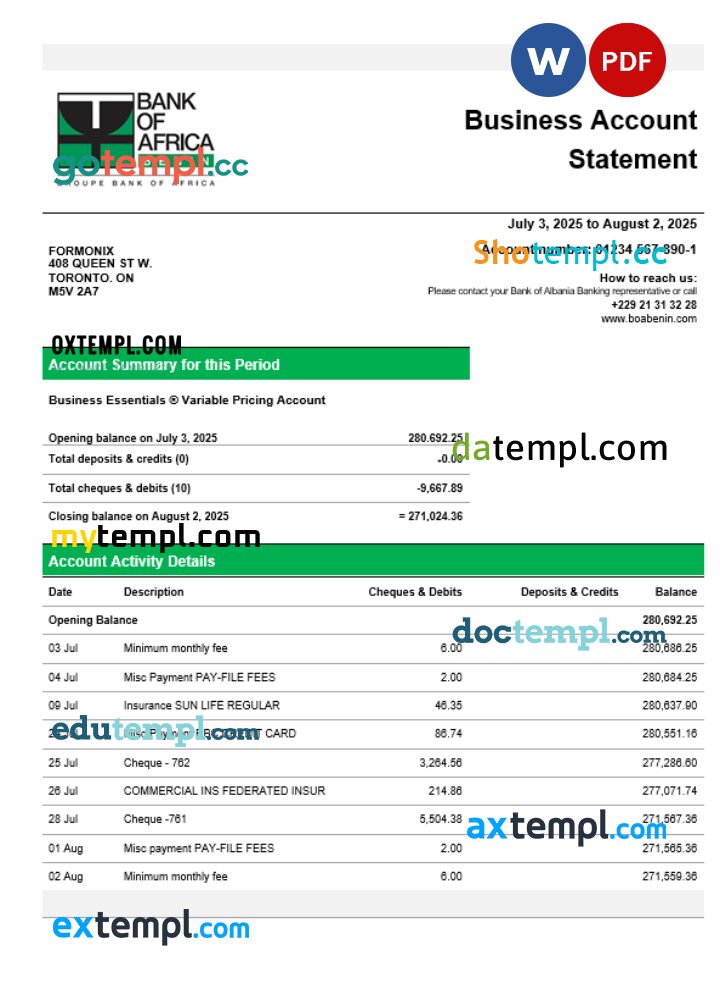 Bank of Africa company checking account statement Word and PDF template