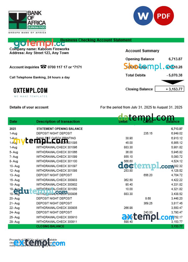Bank of Africa corporate checking account statement Word and PDF template