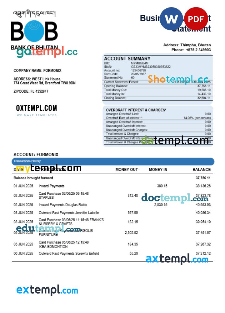 Bank of Bhutanese enterprise account statement Word and PDF template