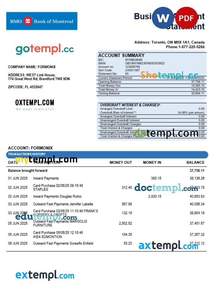 Bank of Montreal company statement Word and PDF format