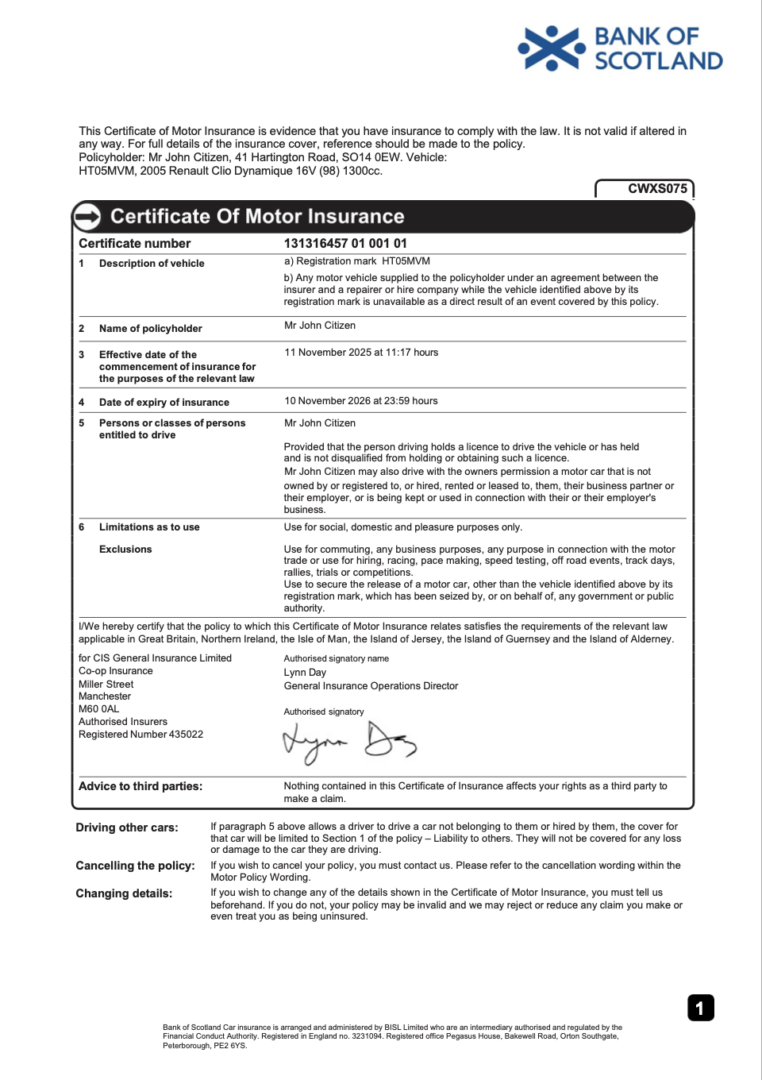 Bank of Scotland certificate of motor insurance Word and PDF template