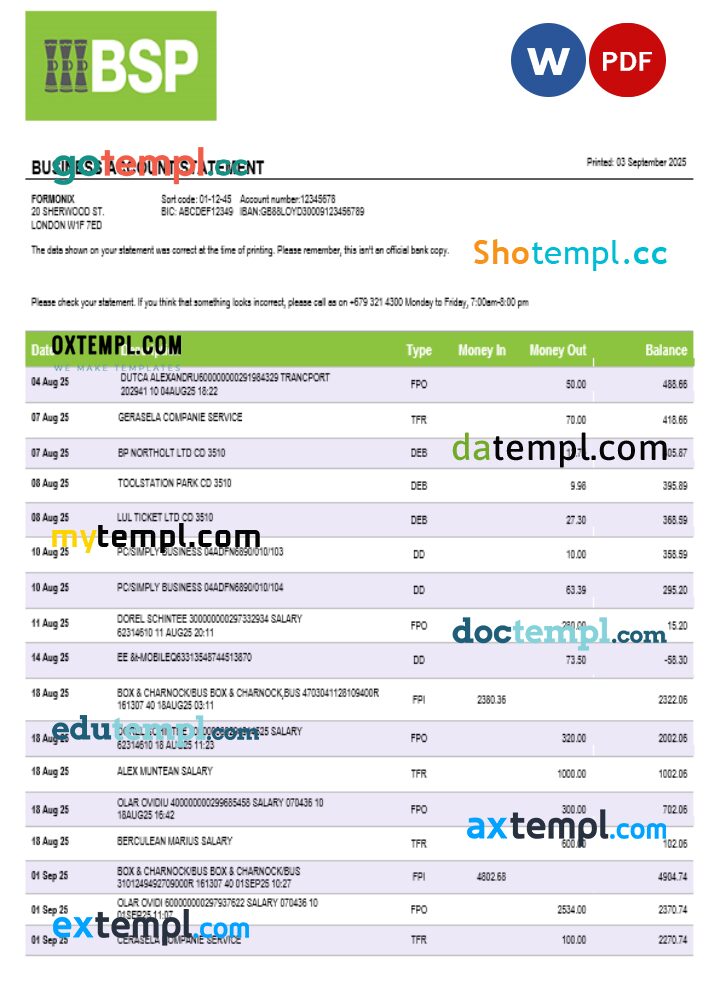 Bank of South Pacific business bank statement Word and PDF format