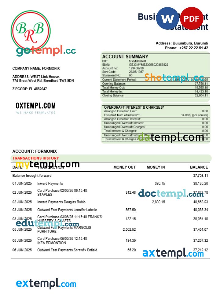 Bank of the Republic of Burundi company statement Word and PDF format