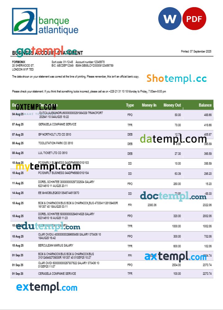 Banque Atlantique business firm statement Word and PDF format