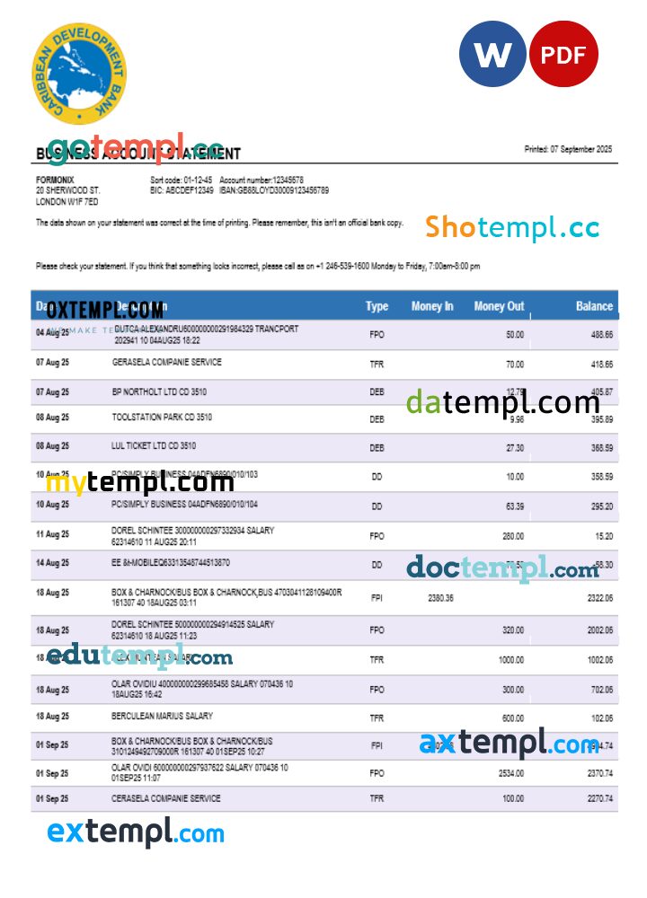 Caribbean Development bank firm account statement Word and PDF template