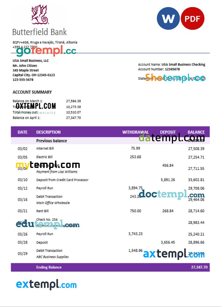 Butterfield bank organization checking account statement Word and PDF format
