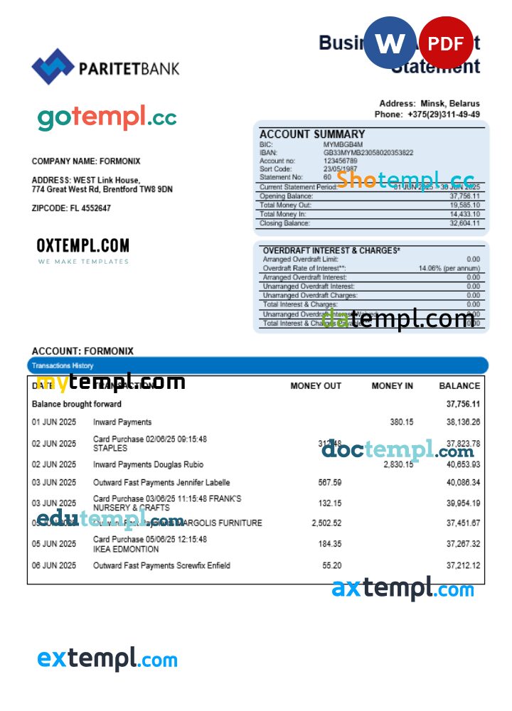 Paritet bank company account statement Word and PDF format
