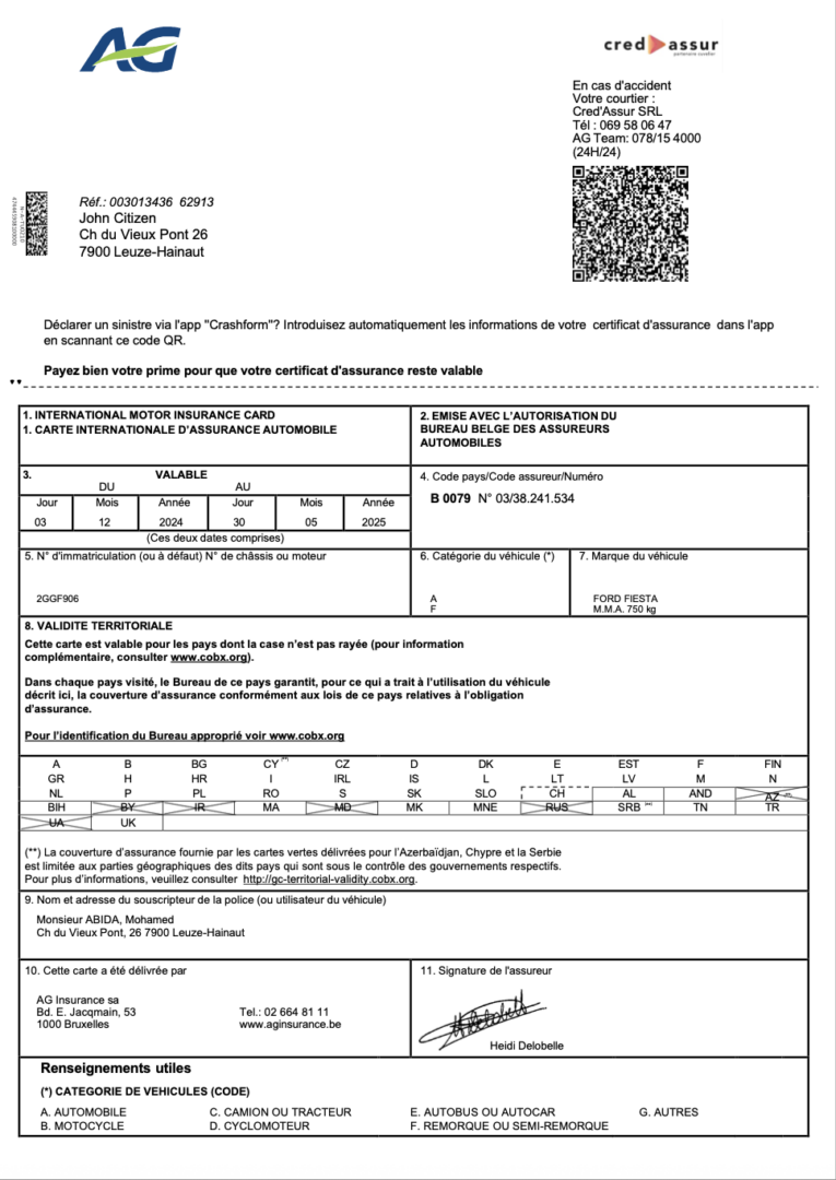 Belgium AG Insurance international motor insurance card Word and PDF template 