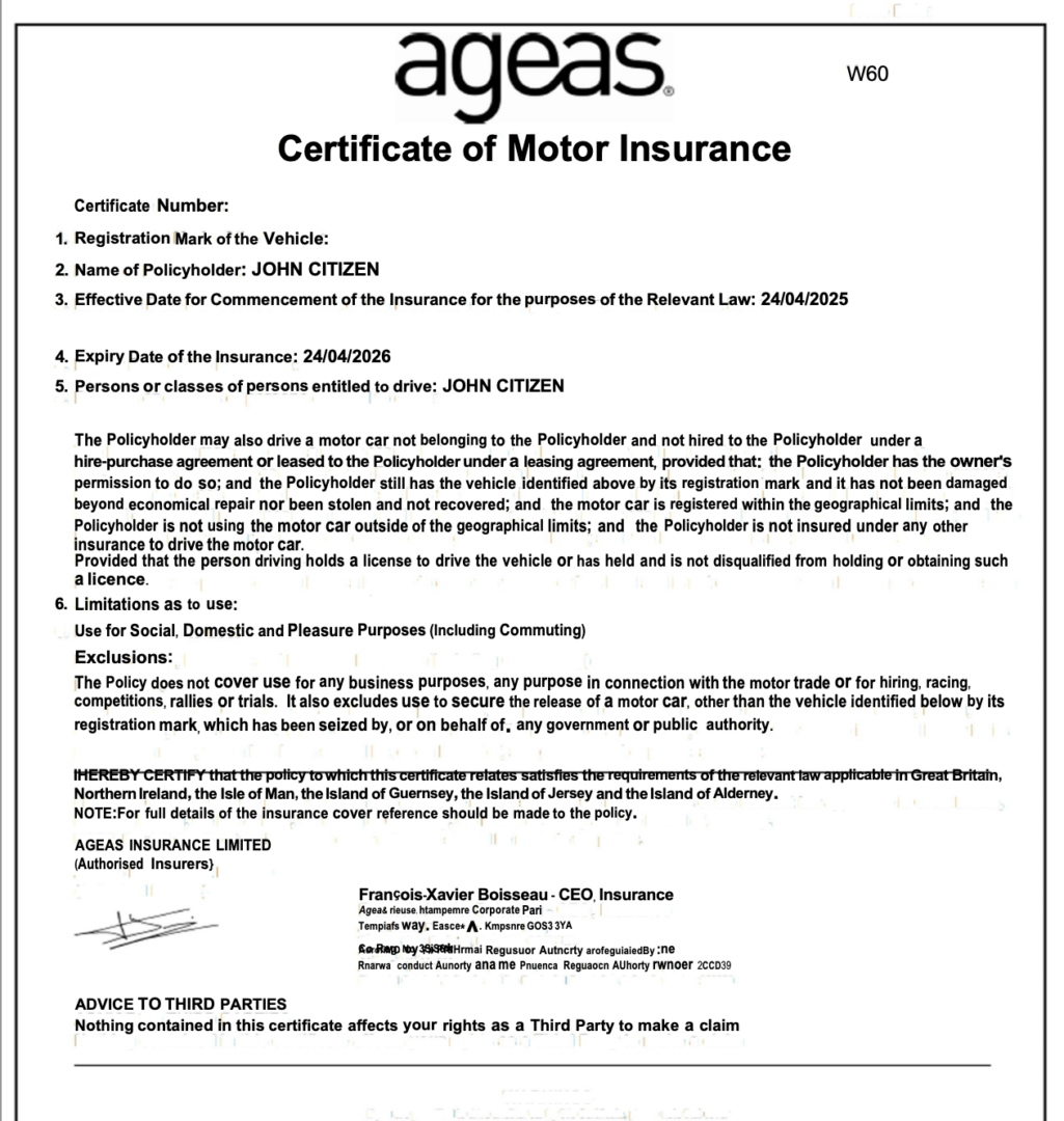 Belgium Ageas Insurance certificate of motor insurance Word and PDF template