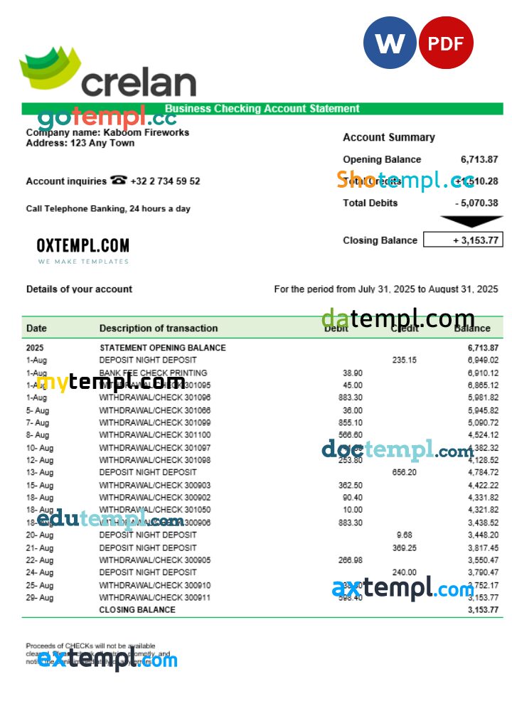 Crelan bank company checking account statement Word and PDF format