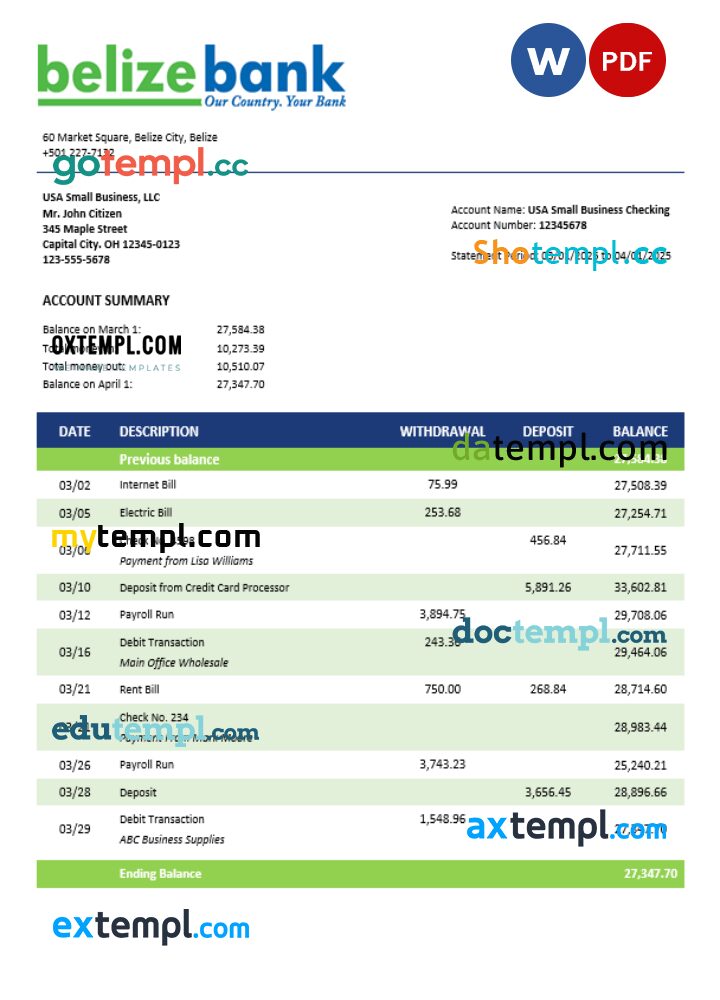 Belizean bank company checking account statement Word and PDF template