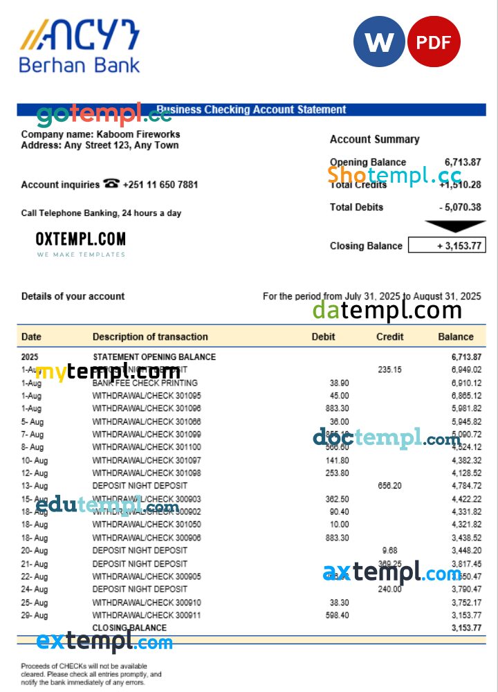 Berhan bank business firm account statement Word snd PDF format