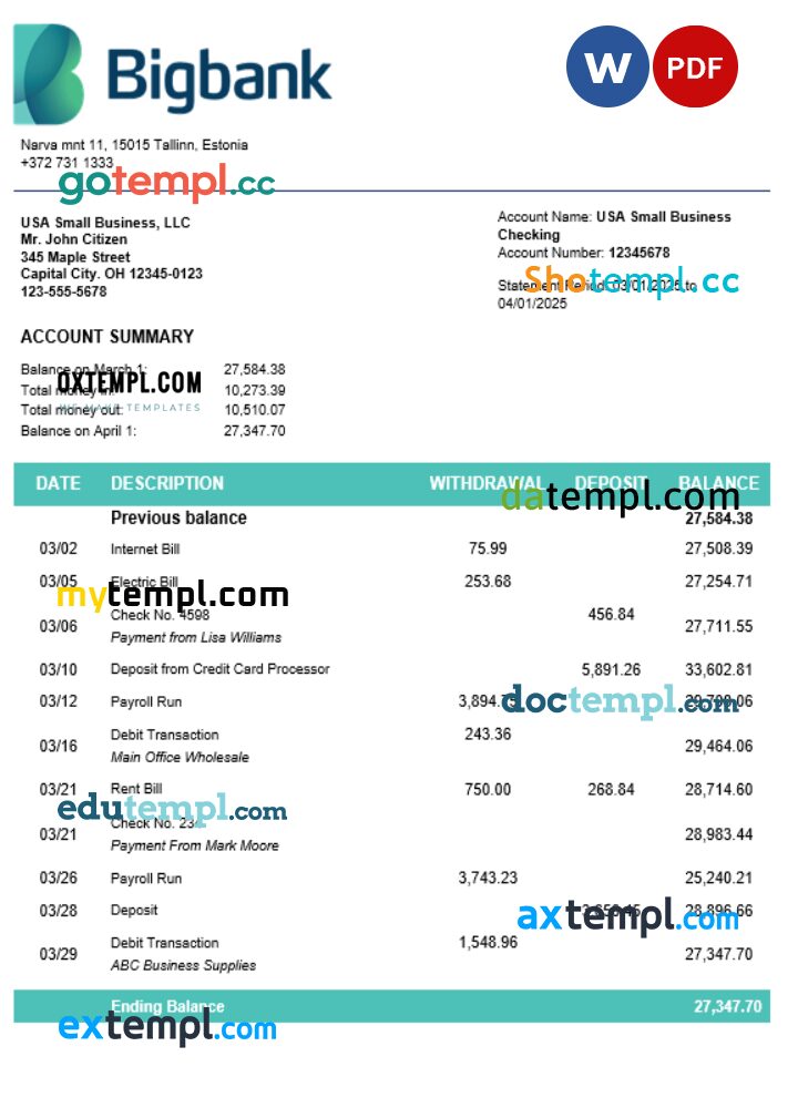 Bigbank firm account statement Word and PDF template