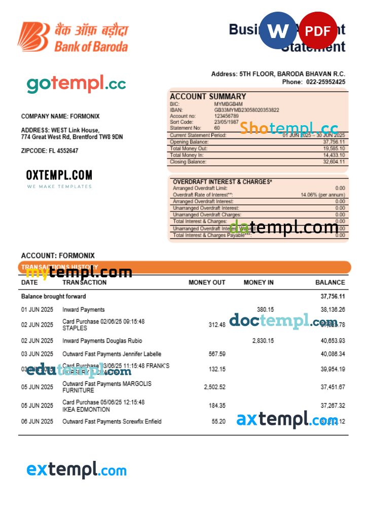 Bob Bank of Boroda bank organization checking account statement Word and PDF template