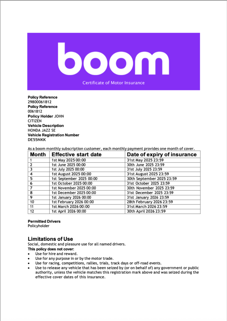 Boom UK Insurance certificate of motor insurance Word and PDF template