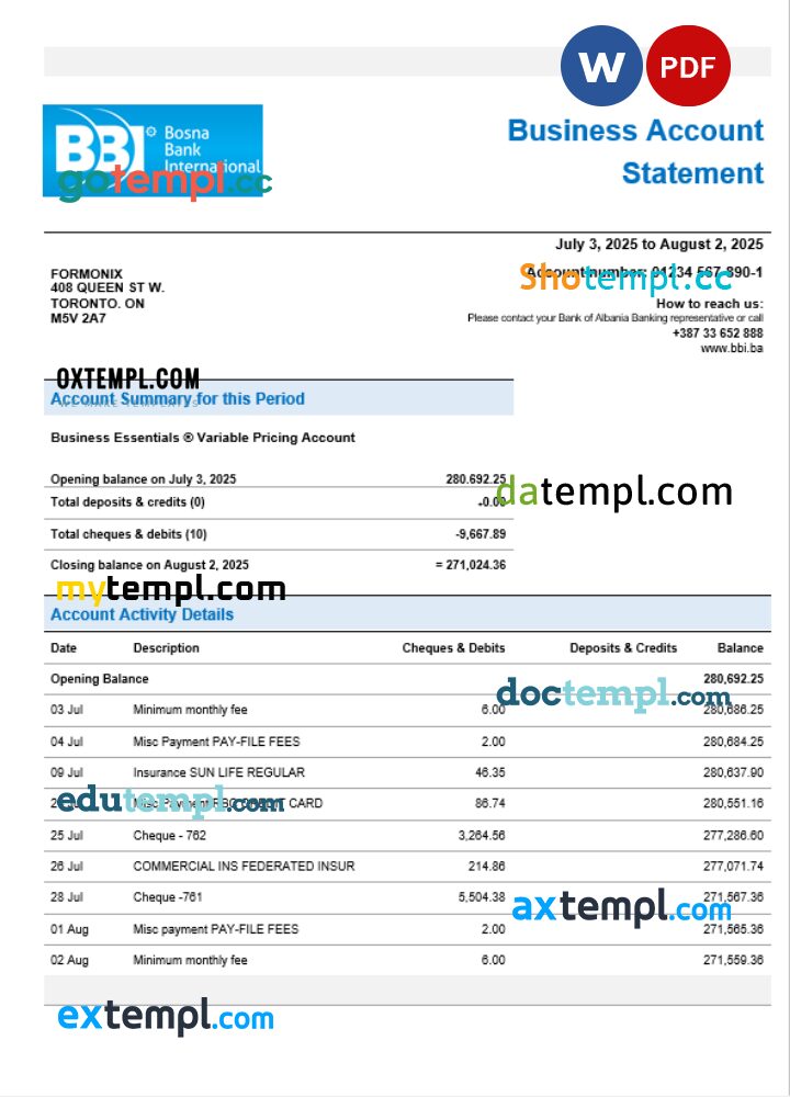 Bosna Bank firm account statement Word and PDF format