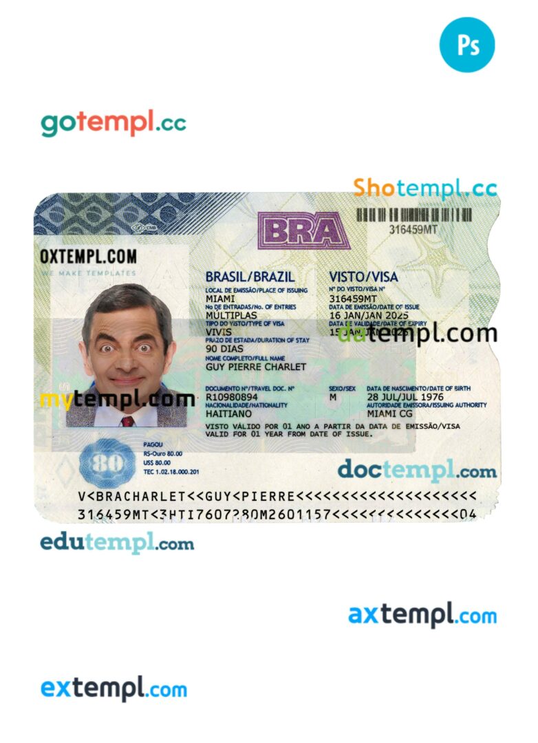 Brazil travel visa template in PSD format, 2025-present